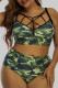 Green Fashion Sexy Camouflage Print Hollowed Out Patchwork O Neck Plus Size Swimwear