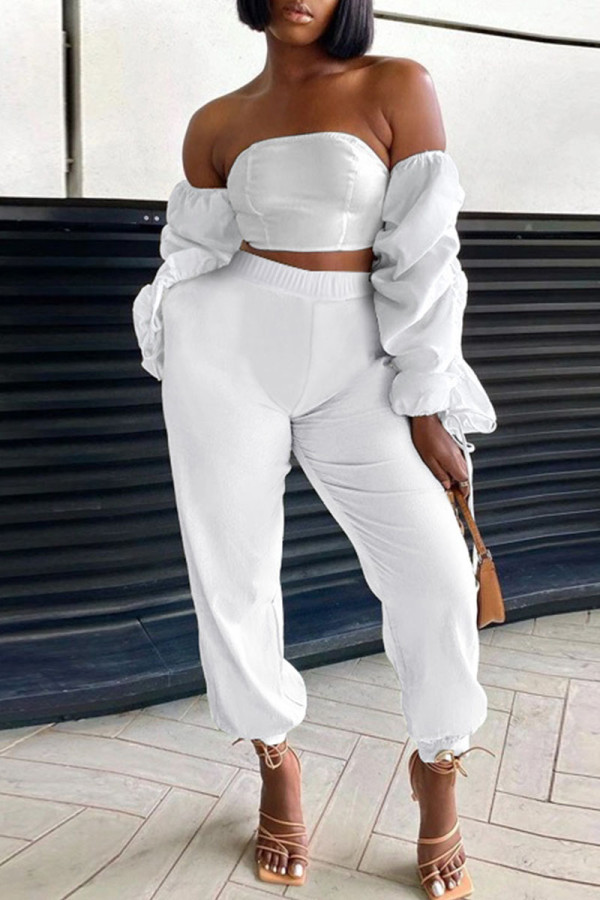 White Sexy Solid Patchwork Strapless Long Sleeve Two Pieces