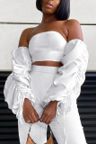 White Sexy Solid Patchwork Strapless Long Sleeve Two Pieces