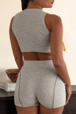 Grey Fashion Casual Solid Basic O Neck Sleeveless Two Pieces