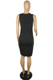 Black Casual Print Buckle Square Collar Irregular Dress Dresses