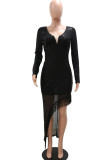 Black Elegant Solid Tassel Sequins Patchwork V Neck Irregular Dress Dresses