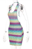 Colour Fashion Sexy Print Bandage Backless Halter Sleeveless Dress