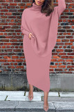 Pink Fashion Casual Solid Split Joint Slit Asymmetrical Turtleneck Long Sleeve Two Pieces