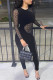 Black Fashion Sexy Patchwork See-through O Neck Skinny Jumpsuits