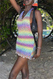 Colour Fashion Sexy Print Bandage Backless Halter Sleeveless Dress
