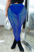 Blue Fashion Sexy Solid See-through Skinny High Waist Pencil Trousers