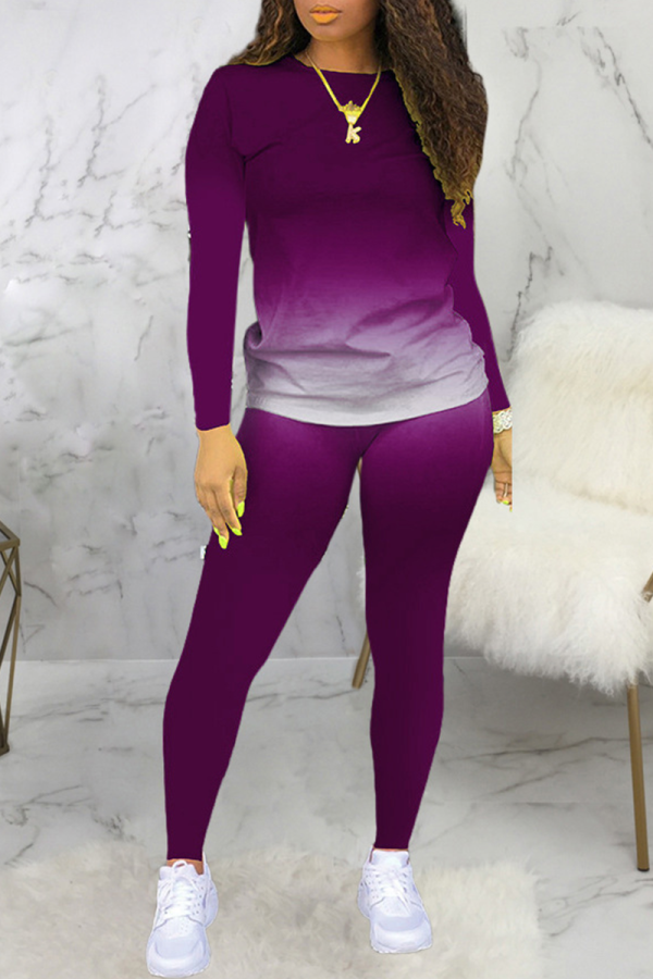 Purple Casual Gradual Change Patchwork O Neck Long Sleeve Two Pieces