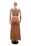 Orange Sexy Solid Bandage Hollowed Out See-through Backless Sleeveless Two Pieces