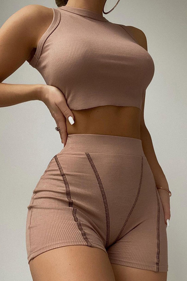 Brown Fashion Casual Solid Basic O Neck Sleeveless Two Pieces