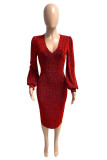 Red Fashion Casual Bronzing Bright Silk V Neck Long Sleeve Dresses