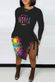 Multicolor Fashion Casual Print Patchwork Slit O Neck Long Sleeve Dresses