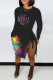 Black Fashion Casual Print Patchwork Slit O Neck Long Sleeve Dresses