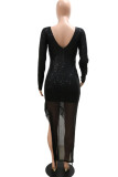 Black Elegant Solid Tassel Sequins Patchwork V Neck Irregular Dress Dresses