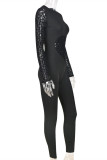 Black Fashion Sexy Patchwork See-through O Neck Skinny Jumpsuits