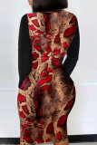 Multicolor Fashion Casual Print Patchwork Slit O Neck Long Sleeve Dresses