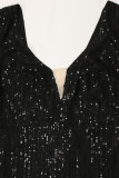 Black Elegant Solid Tassel Sequins Patchwork V Neck Irregular Dress Dresses