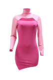 Rose Pink Fashion Sexy Solid Hollowed Out Patchwork Turtleneck Long Sleeve Dresses