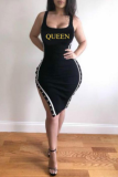 Black Casual Print Buckle Square Collar Irregular Dress Dresses