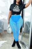Baby Blue Fashion Sexy Solid See-through Skinny High Waist Pencil Trousers