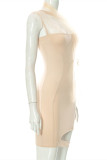 Apricot Fashion Sexy Solid Hollowed Out Patchwork Spaghetti Strap Irregular Dress