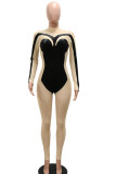 Black Sexy Solid Patchwork See-through O Neck Regular Jumpsuits
