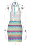 Colour Fashion Sexy Print Bandage Backless Halter Sleeveless Dress