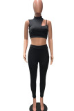 Black Sexy Solid Split Joint Asymmetrical O Neck Sleeveless Two Pieces