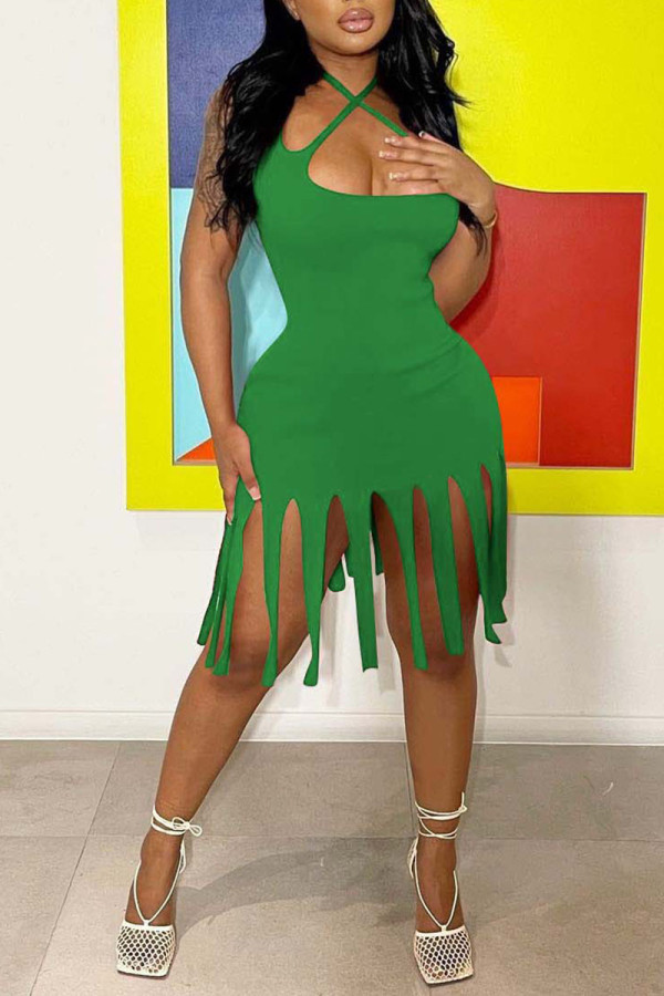 Green Sexy Solid Tassel Split Joint Pencil Skirt Dresses