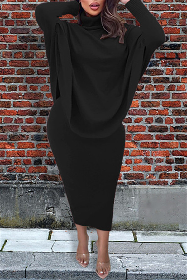 Black Fashion Casual Solid Patchwork Slit Asymmetrical Turtleneck Long Sleeve Two Pieces