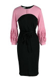Pink Casual Solid Patchwork Slit Fold O Neck One Step Skirt Dresses