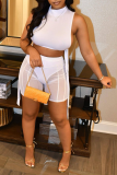 White Sexy Solid Mesh O Neck Sleeveless Two Pieces