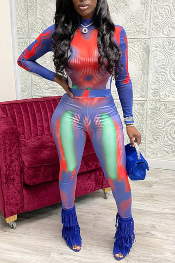 Blue Sexy Print Patchwork O Neck Regular Jumpsuits