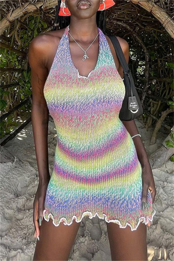 Colour Fashion Sexy Print Bandage Backless Halter Sleeveless Dress