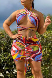 Multicolor Fashion Sexy Print Bandage Split Joint Halter Sleeveless Two Pieces