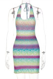 Colour Fashion Sexy Print Bandage Backless Halter Sleeveless Dress