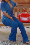 Deep Blue Casual Solid Patchwork Turndown Collar Boot Cut Jumpsuits