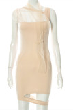 Apricot Fashion Sexy Solid Hollowed Out Patchwork Spaghetti Strap Irregular Dress