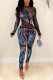 Blue Black Fashion Sexy Print Patchwork See-through O Neck Skinny Jumpsuits