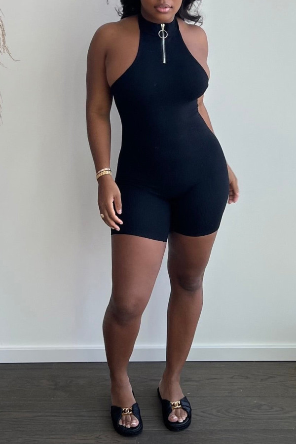 Black Fashion Sexy Casual Solid Zipper POLO collar Regular Jumpsuits