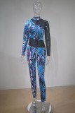 Blue Black Fashion Sexy Print Patchwork See-through O Neck Skinny Jumpsuits