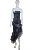 Black Fashion Sexy Solid Patchwork Strapless Irregular Dress