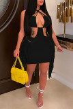 Yellow Sexy Solid Tassel Hollowed Out Patchwork Backless Halter Pencil Skirt Dresses