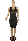 Black Casual Print Buckle Square Collar Irregular Dress Dresses