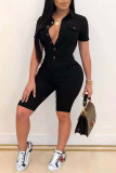 Black Casual Solid Patchwork Buckle Turndown Collar Regular Rompers