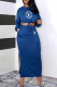Blue Fashion Street Print Letter O Neck Long Sleeve Two Pieces