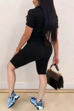 Black Casual Solid Patchwork Buckle Turndown Collar Regular Rompers