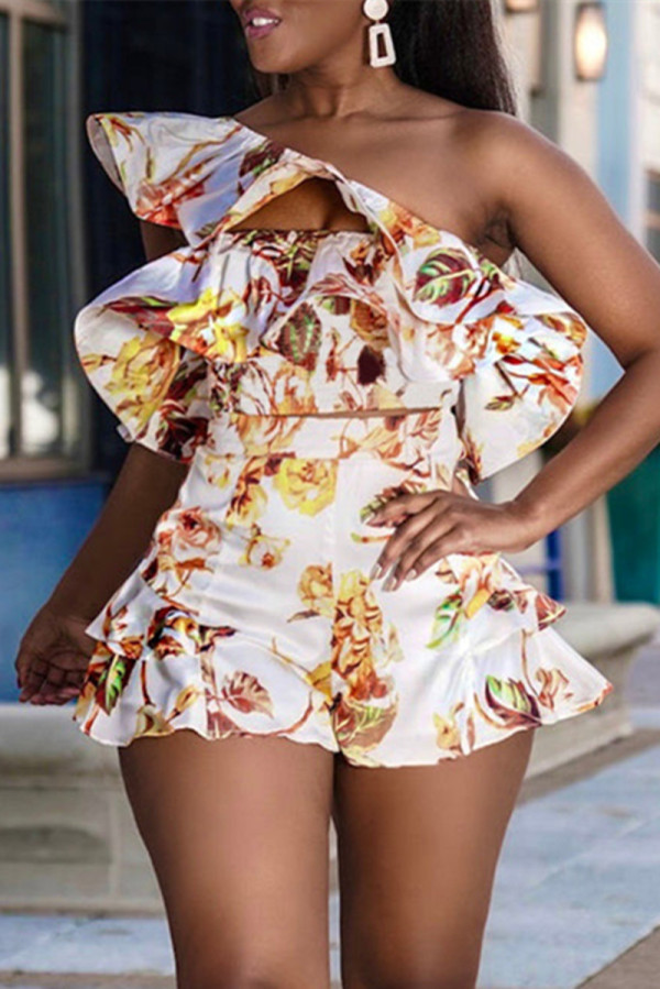 White Fashion Sexy Print Hollowed Out Patchwork Backless Oblique Collar Sleeveless Two Pieces