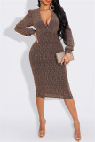 Brown Fashion Casual Bronzing Bright Silk V Neck Long Sleeve Dresses