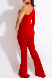 Red Fashion Sexy Patchwork Hollowed Out See-through Oblique Collar Regular Jumpsuits